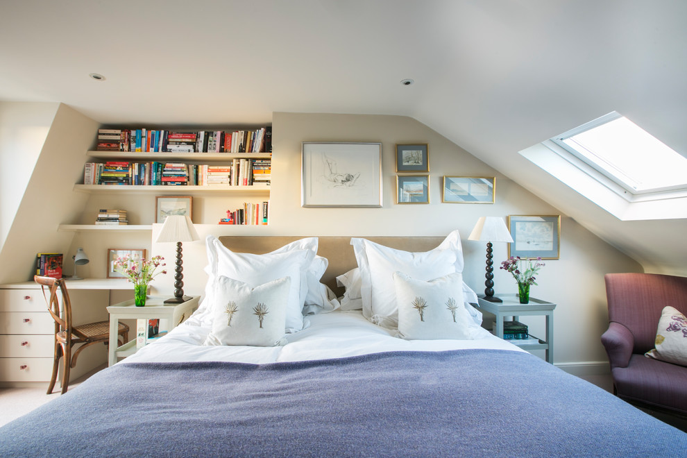 Elegant bedroom photo in London with beige walls