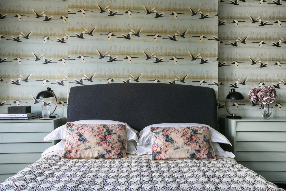 Mid-sized trendy bedroom photo in London