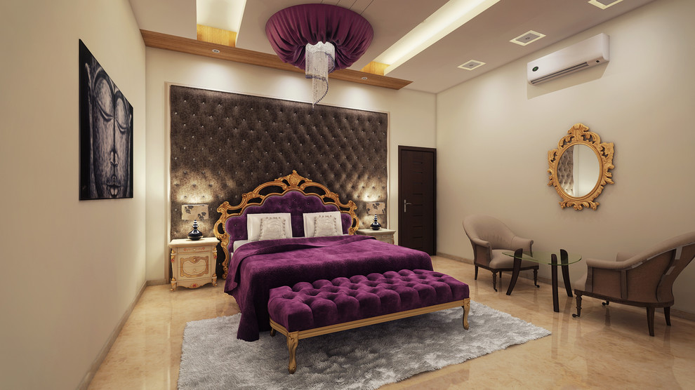 Large world-inspired master bedroom in Delhi with beige walls and ceramic flooring.