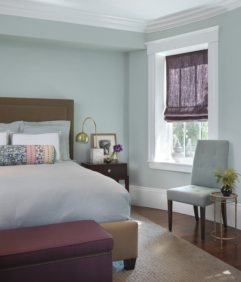 ボストンにあるトランジショナルスタイルのおしゃれな寝室 (青い壁、無垢フローリング、暖炉なし) のインテリア