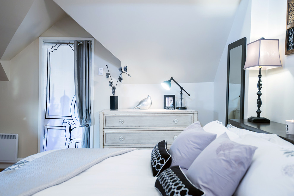 Bedroom - large contemporary master medium tone wood floor and brown floor bedroom idea in Montreal with gray walls