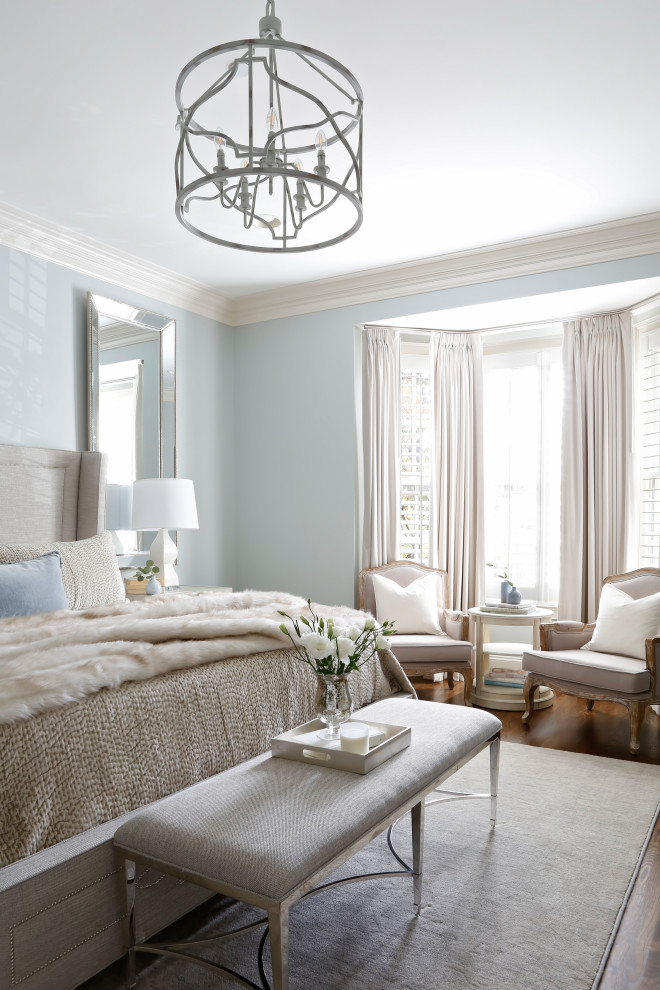 ナッシュビルにある中くらいなトランジショナルスタイルのおしゃれな主寝室 (青い壁、濃色無垢フローリング、暖炉なし、茶色い床)