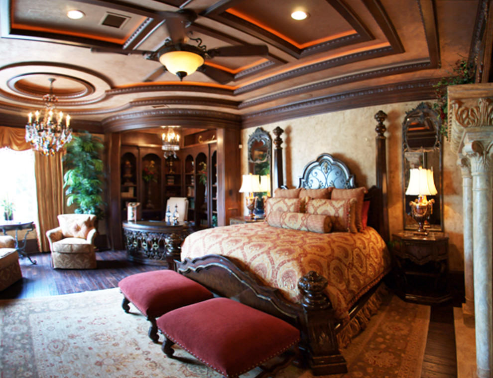 Inspiration for a large timeless master dark wood floor bedroom remodel in Houston with beige walls and no fireplace