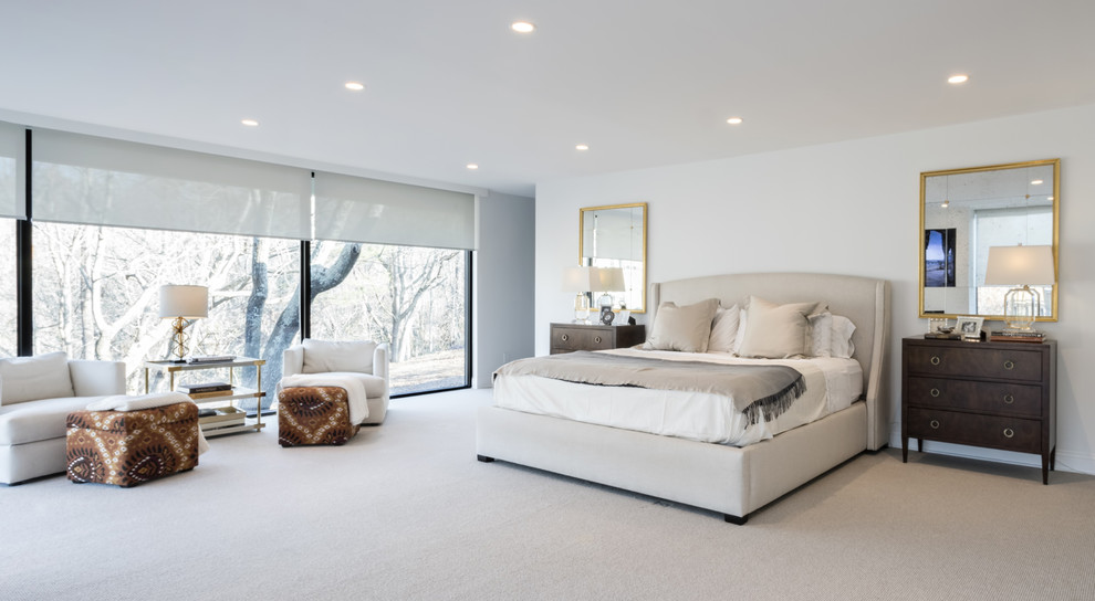 Идея дизайна: большая хозяйская спальня в стиле неоклассика (современная классика) с белыми стенами и ковровым покрытием