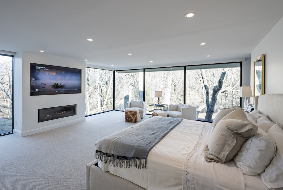 Пример оригинального дизайна: большая хозяйская спальня в стиле неоклассика (современная классика) с белыми стенами, ковровым покрытием, горизонтальным камином и фасадом камина из штукатурки