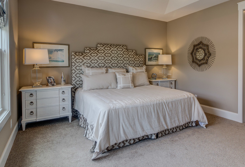 Bedroom - large coastal master bedroom idea in Other with gray walls