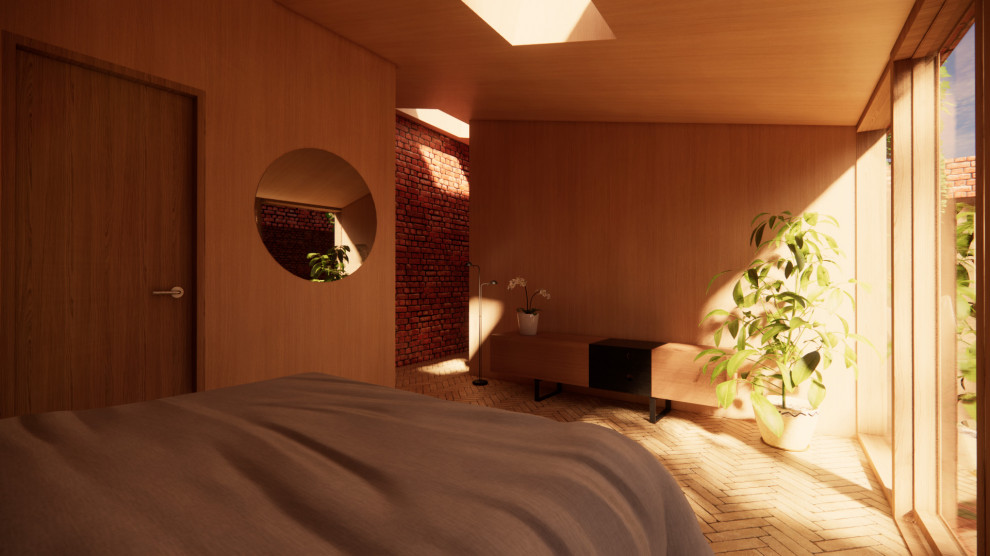 На фото: маленькая хозяйская спальня в стиле модернизм с оранжевыми стенами, кирпичным полом и бежевым полом без камина для на участке и в саду с