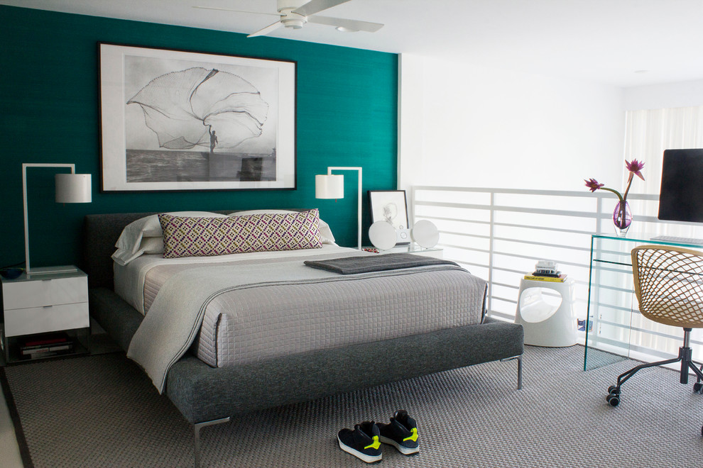 Design ideas for a medium sized contemporary mezzanine and grey and teal bedroom in Miami with green walls and no fireplace.