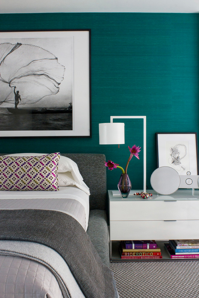 Mid-sized trendy bedroom photo in Miami with green walls and no fireplace