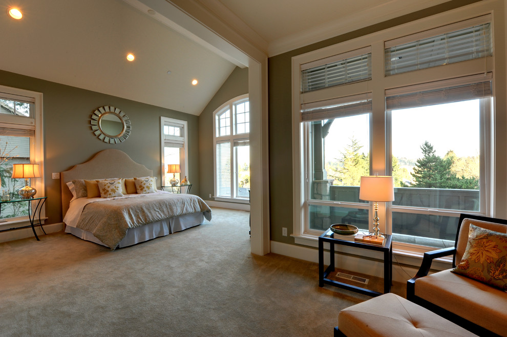 Foto de dormitorio contemporáneo con paredes grises y moqueta