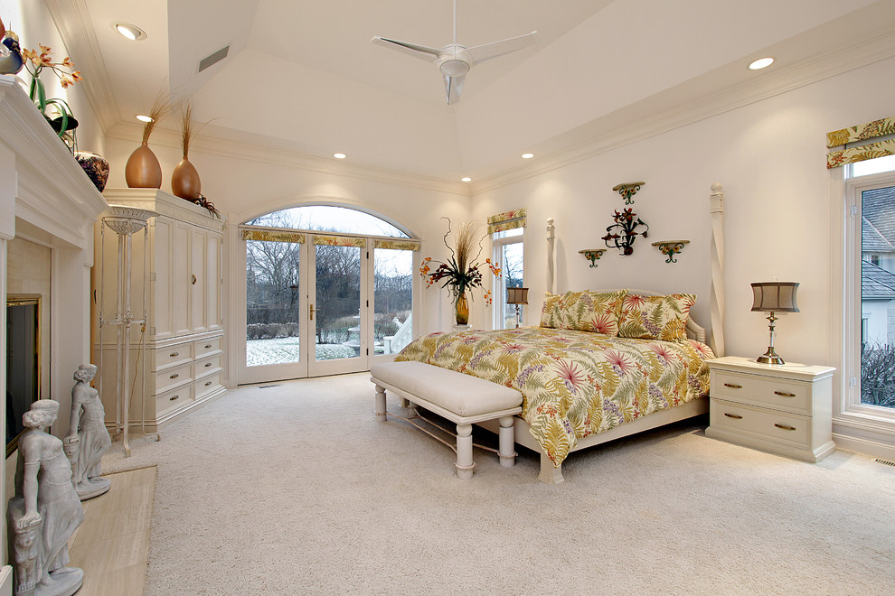 デトロイトにある広いトロピカルスタイルのおしゃれな主寝室 (白い壁、カーペット敷き、標準型暖炉、石材の暖炉まわり) のレイアウト