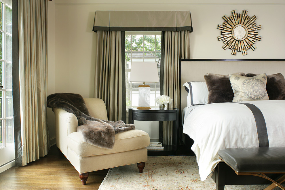 Inspiration for a large transitional master dark wood floor and brown floor bedroom remodel in New York with beige walls