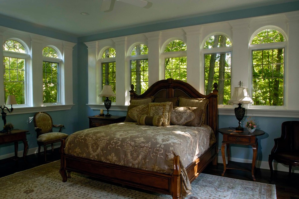 Inspiration for an expansive traditional master bedroom in Chicago with blue walls and dark hardwood flooring.