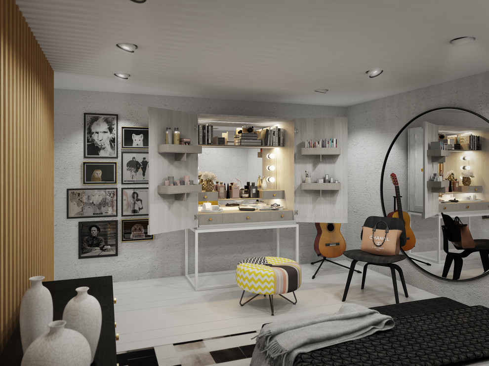Design ideas for a small contemporary mezzanine bedroom in London.