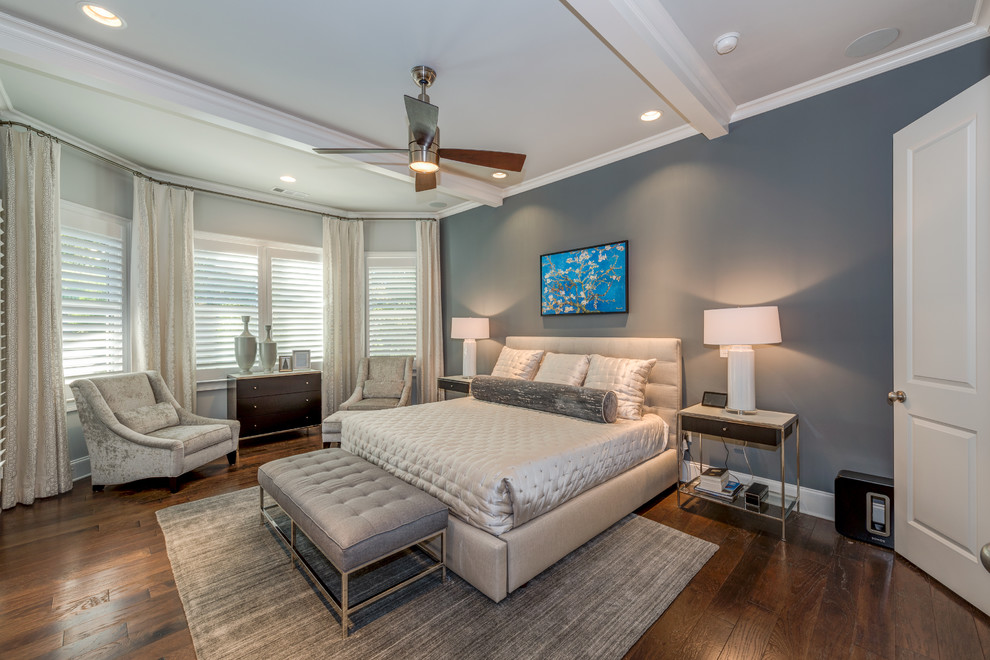 Design ideas for a contemporary master bedroom in Atlanta with grey walls and dark hardwood flooring.