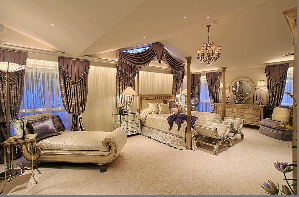 Inspiration for an expansive classic master bedroom in Chicago with beige walls, carpet and no fireplace.