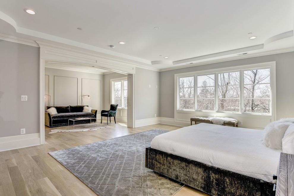 ワシントンD.C.にある巨大なトランジショナルスタイルのおしゃれな主寝室 (グレーの壁、淡色無垢フローリング、暖炉なし、茶色い床) のレイアウト
