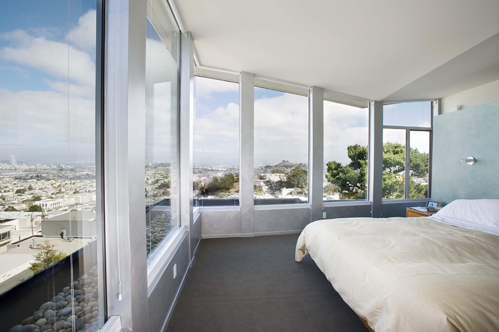 Modernes Hauptschlafzimmer mit blauer Wandfarbe und Teppichboden in San Francisco