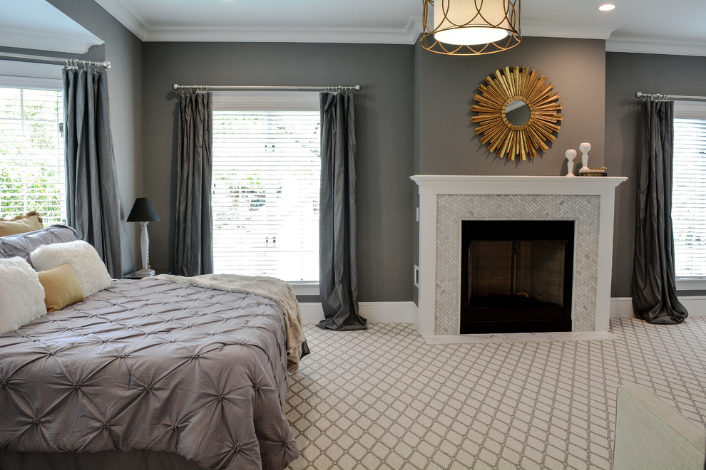 Design ideas for a medium sized classic master bedroom in Other with grey walls, carpet, a standard fireplace, a tiled fireplace surround and multi-coloured floors.
