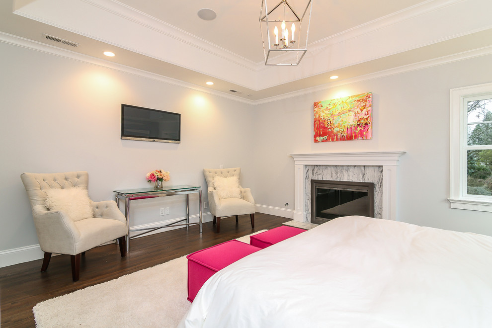 ニューヨークにある広いトランジショナルスタイルのおしゃれな主寝室 (グレーの壁、濃色無垢フローリング、標準型暖炉、石材の暖炉まわり)