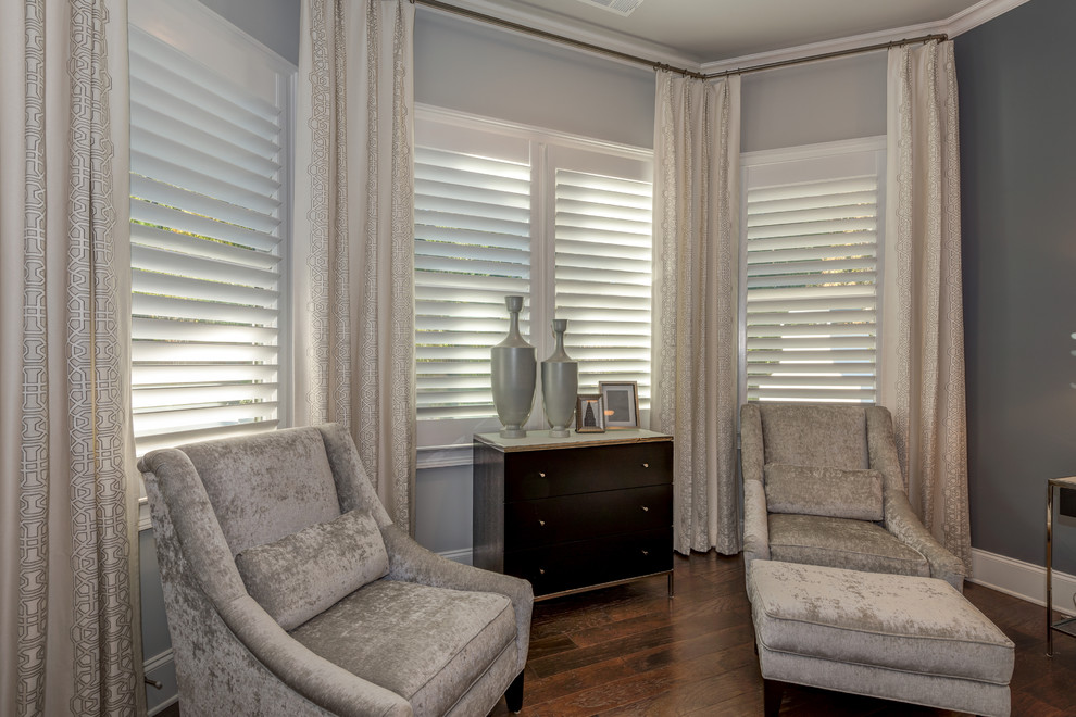 Master Sitting Area with custom draperies + plantation shutters. Contemporary Bedroom