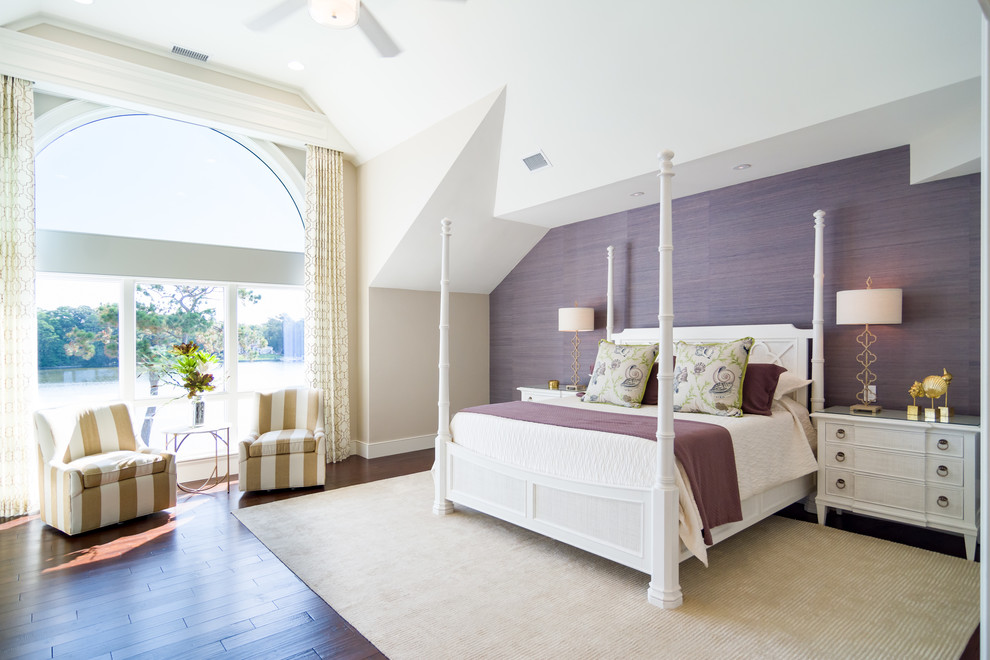 Design ideas for a coastal master bedroom in Other with purple walls.