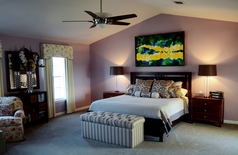 Large eclectic master carpeted bedroom photo in Baltimore with purple walls and no fireplace