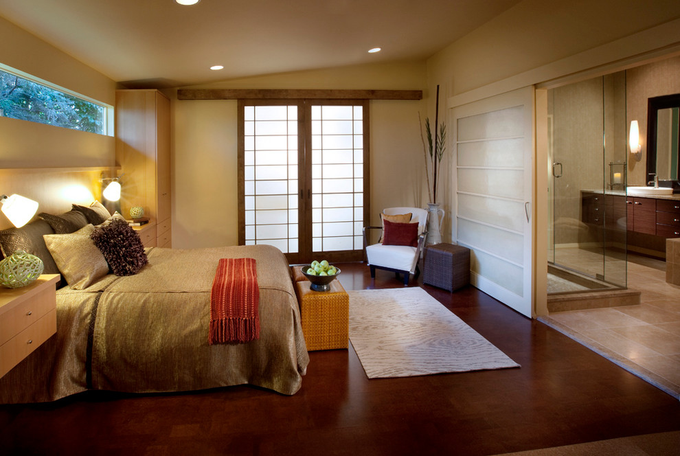 Bedroom - contemporary master cork floor bedroom idea in Other with beige walls