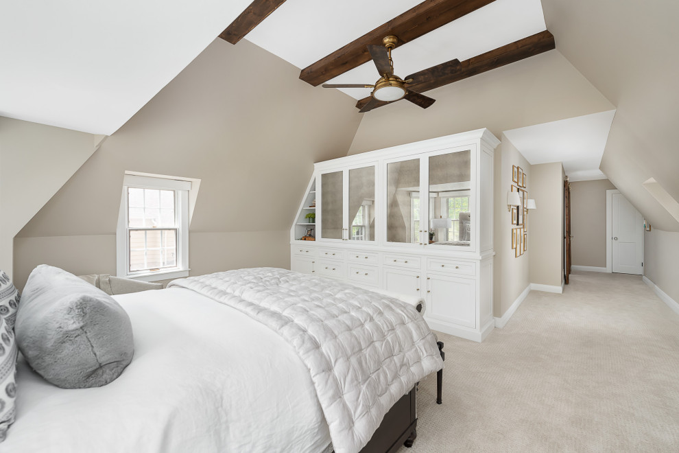 This is an example of a large classic master bedroom in Chicago with grey walls, carpet and grey floors.