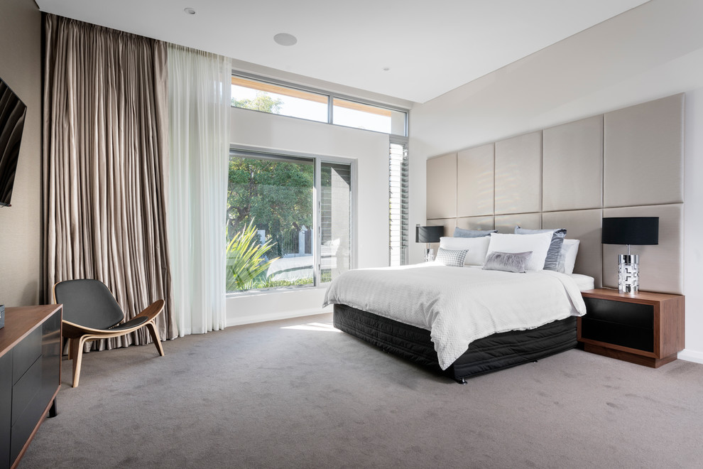 Свежая идея для дизайна: огромная хозяйская спальня в современном стиле с серыми стенами, ковровым покрытием и серым полом без камина - отличное фото интерьера