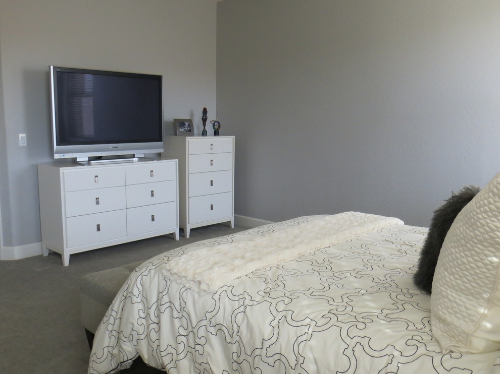 Example of a mid-sized trendy master carpeted bedroom design in Phoenix with gray walls