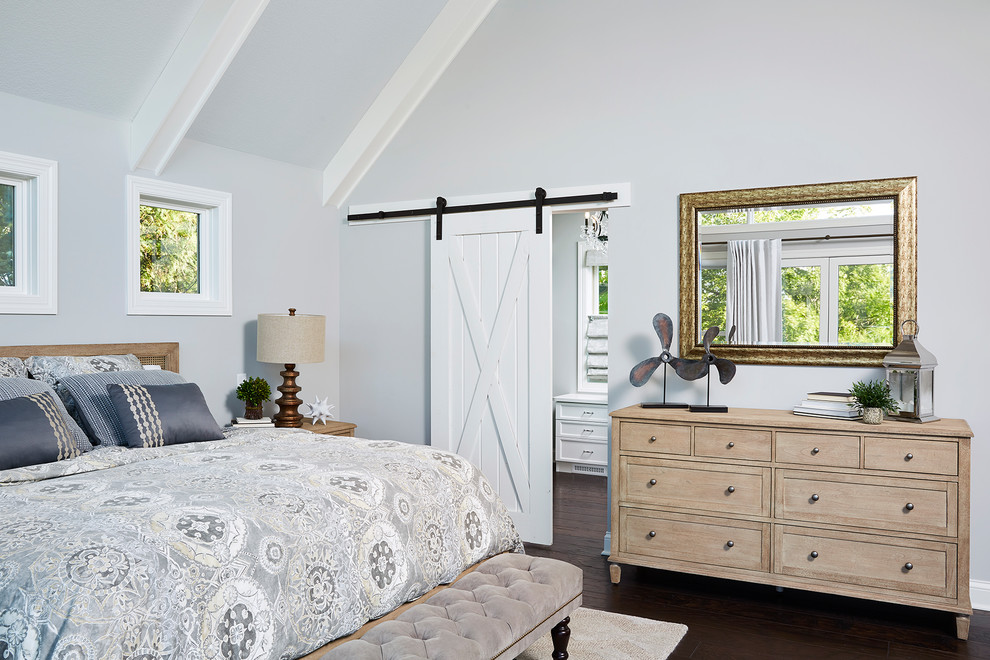 Идея дизайна: большая хозяйская спальня в классическом стиле с серыми стенами, темным паркетным полом и коричневым полом