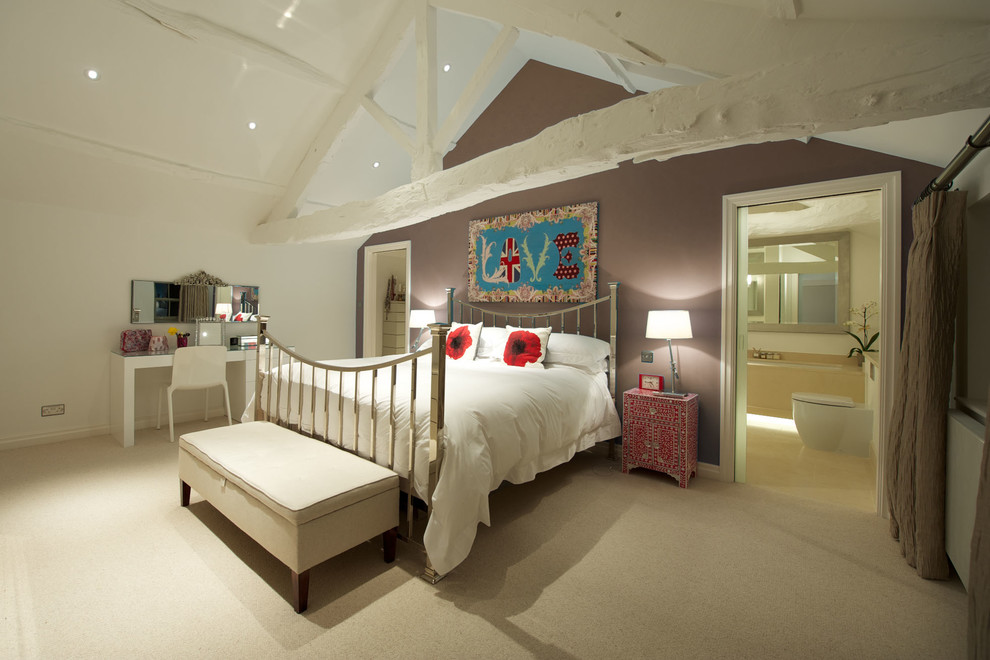 This is an example of a contemporary master bedroom in Other with brown walls, carpet and no fireplace.