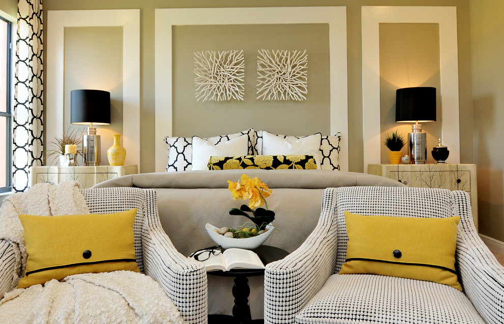 Inspiration for a contemporary master bedroom remodel in Orlando with beige walls