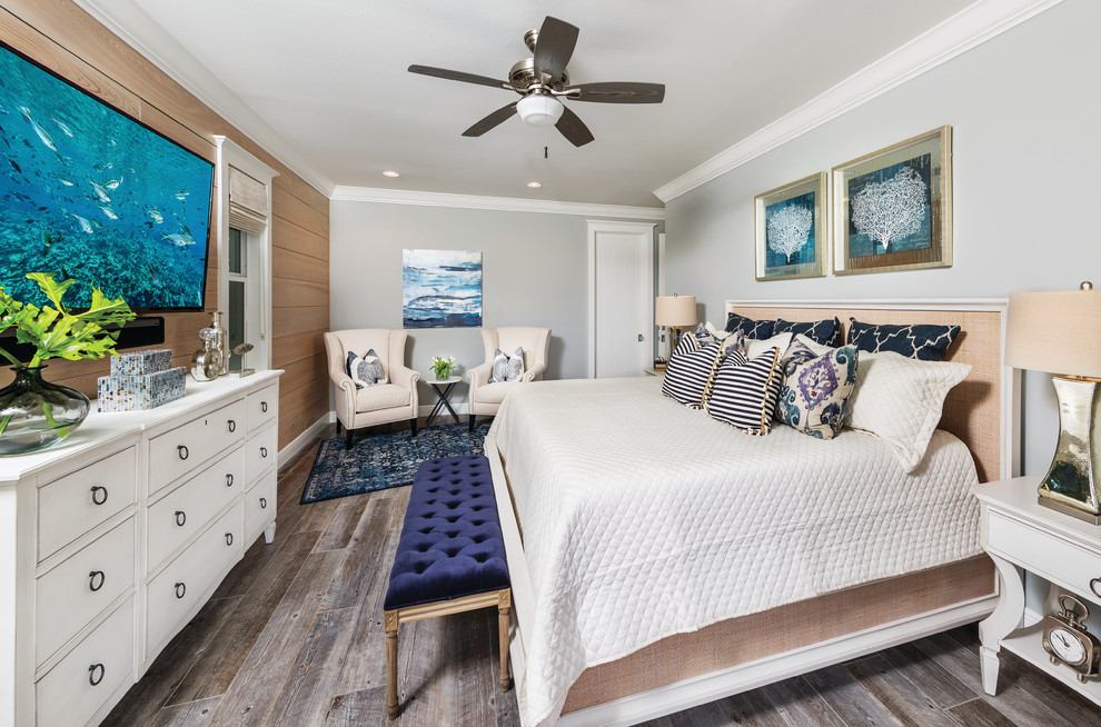 Inspiration for a classic master bedroom in Miami with grey walls and dark hardwood flooring.