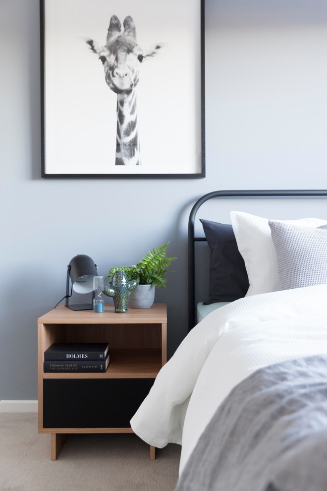 Imagen de dormitorio actual con paredes grises, moqueta y suelo beige