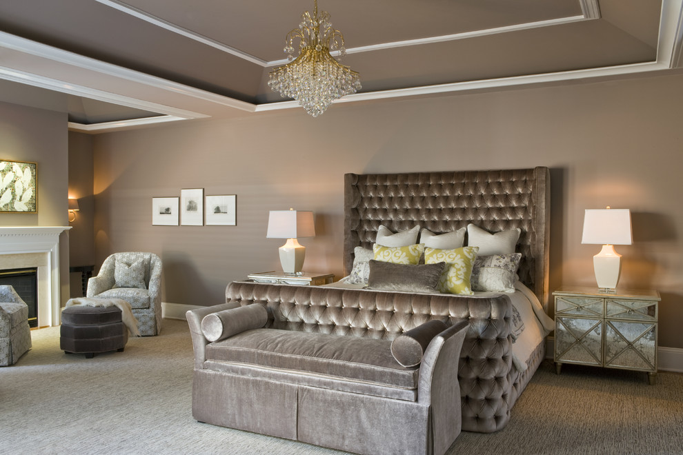 Photo of a contemporary grey and brown bedroom in DC Metro with grey walls, carpet and feature lighting.