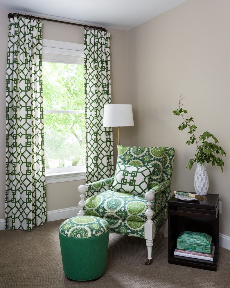This is an example of a medium sized classic guest bedroom in DC Metro with green walls, carpet and no fireplace.