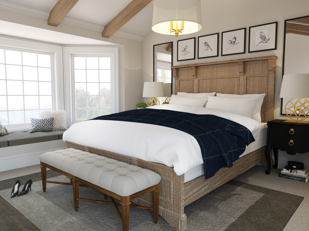Diseño de dormitorio tradicional renovado de tamaño medio con paredes beige, moqueta y suelo gris