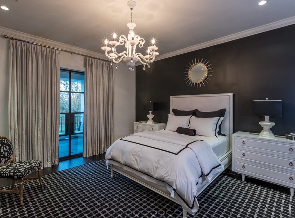 Design ideas for a medium sized traditional guest bedroom in Houston with black walls, carpet and black floors.