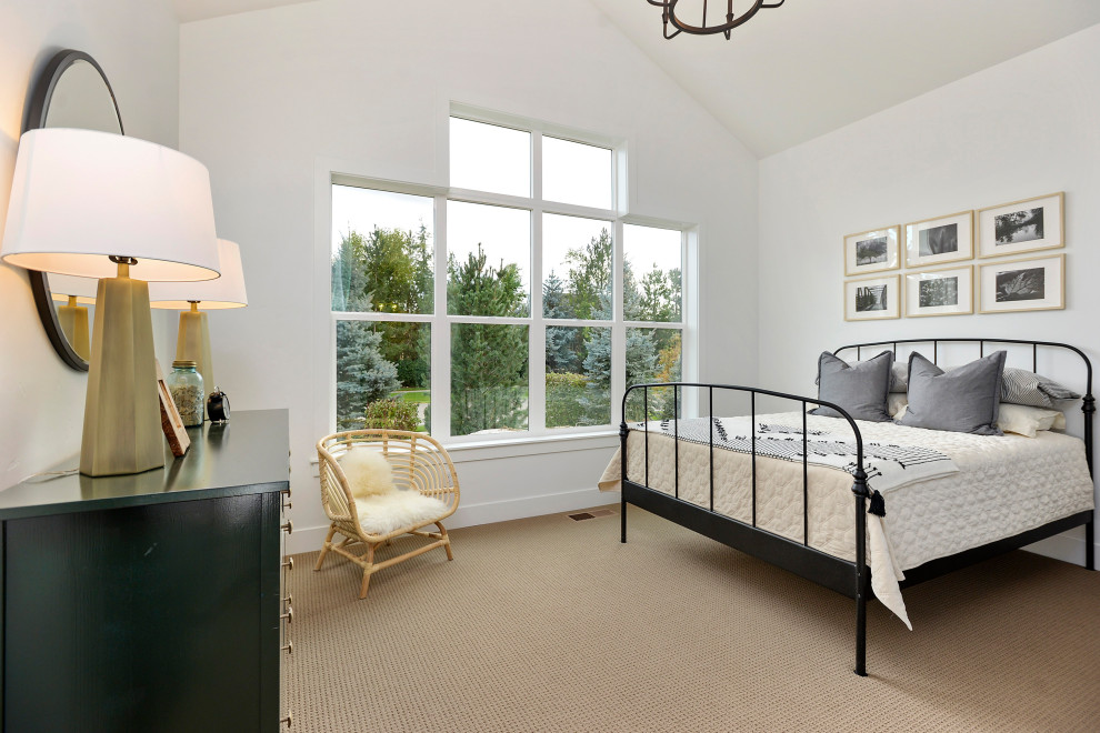 Design ideas for a rural guest bedroom in Boise with white walls, carpet, beige floors and a vaulted ceiling.