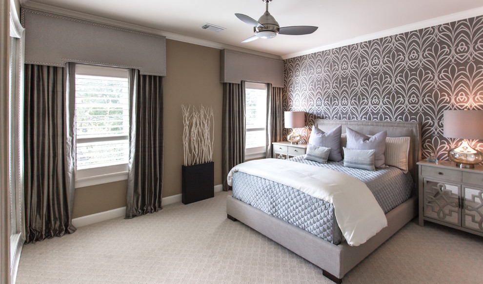 This is an example of a medium sized classic guest bedroom in Houston with grey walls and carpet.