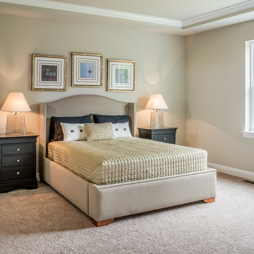 Elegant carpeted and beige floor bedroom photo in Philadelphia with beige walls