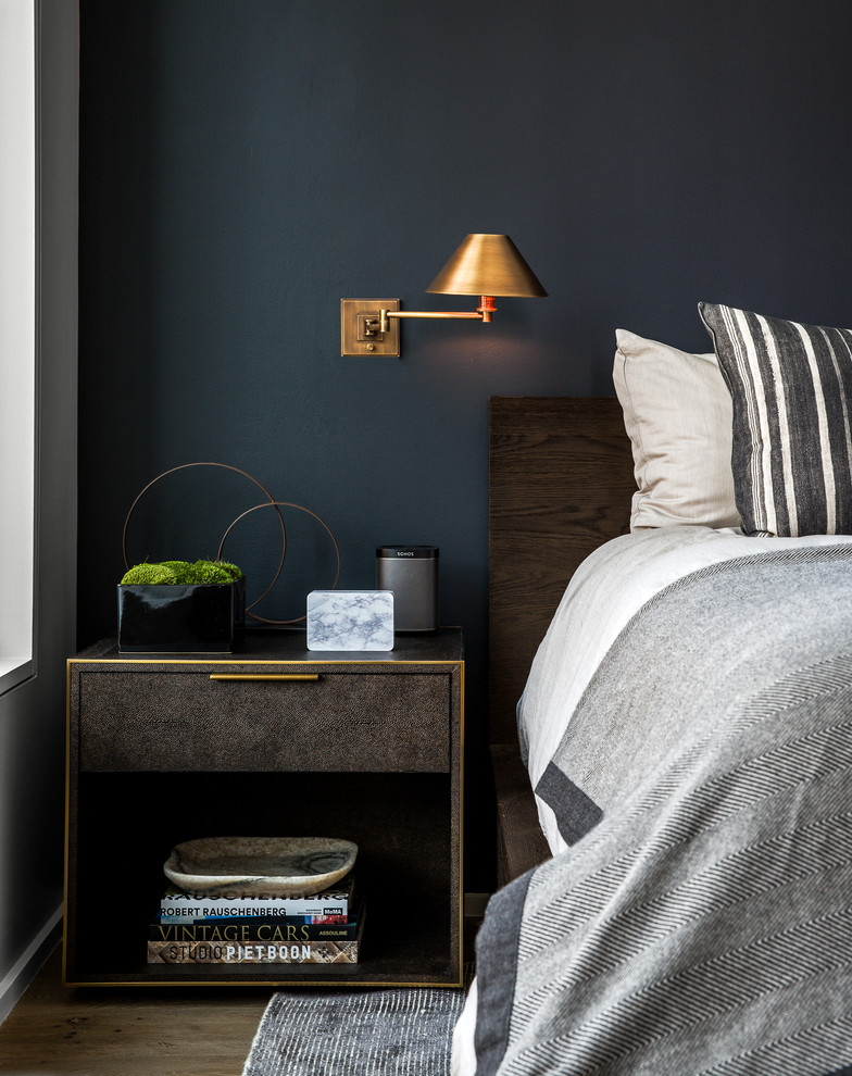 На фото: хозяйская спальня среднего размера в современном стиле с синими стенами, темным паркетным полом и коричневым полом