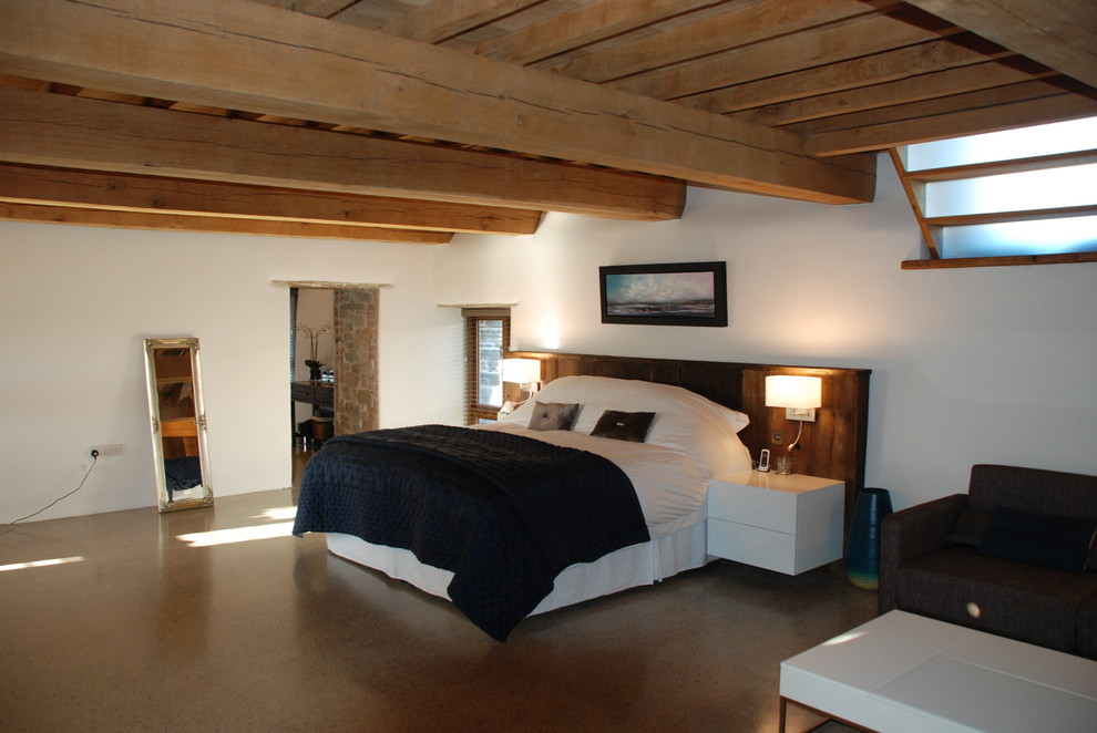 Imagen de dormitorio principal contemporáneo extra grande sin chimenea con paredes blancas, suelo marrón y vigas vistas