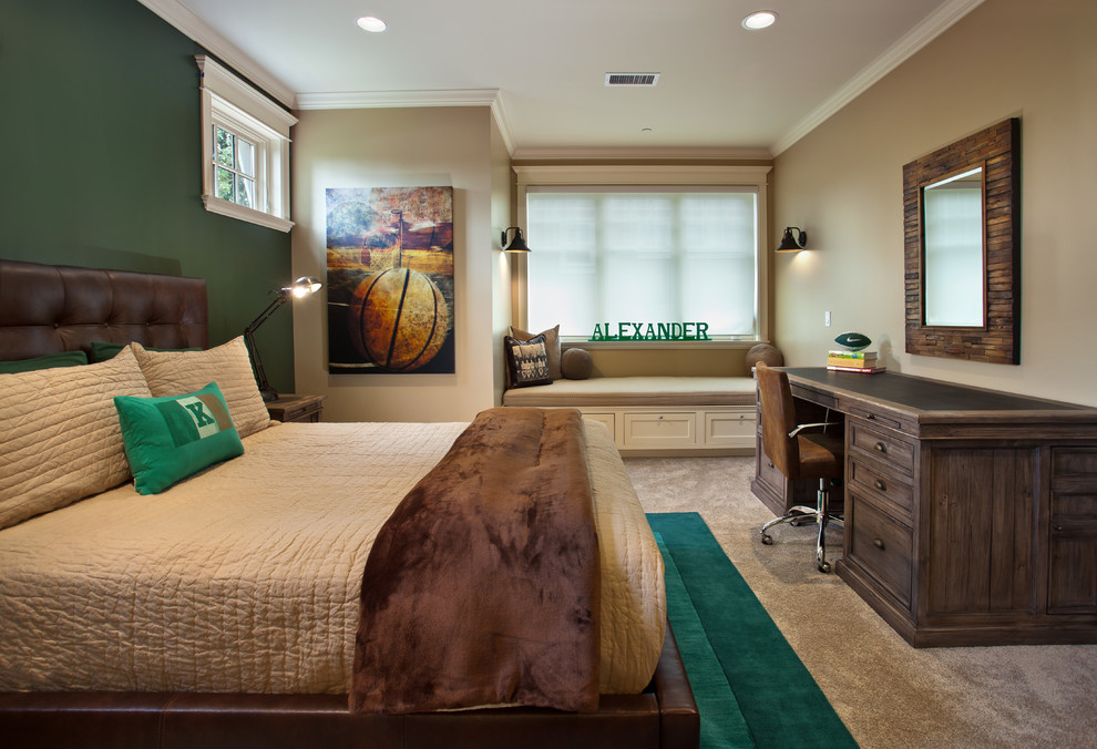 This is an example of a classic bedroom in Seattle with green walls and carpet.