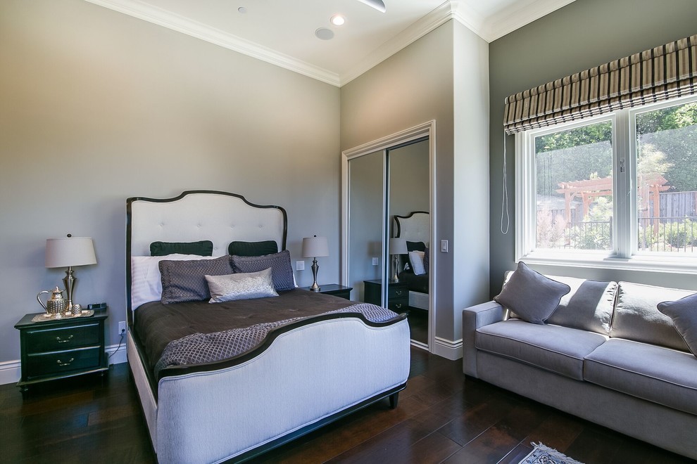 Bedroom - mid-sized mediterranean guest dark wood floor bedroom idea in San Francisco with gray walls and no fireplace