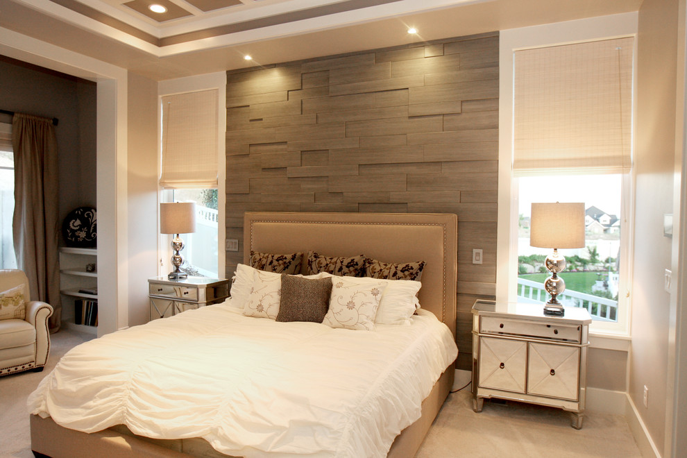 Bedroom - contemporary master carpeted bedroom idea in Salt Lake City with beige walls