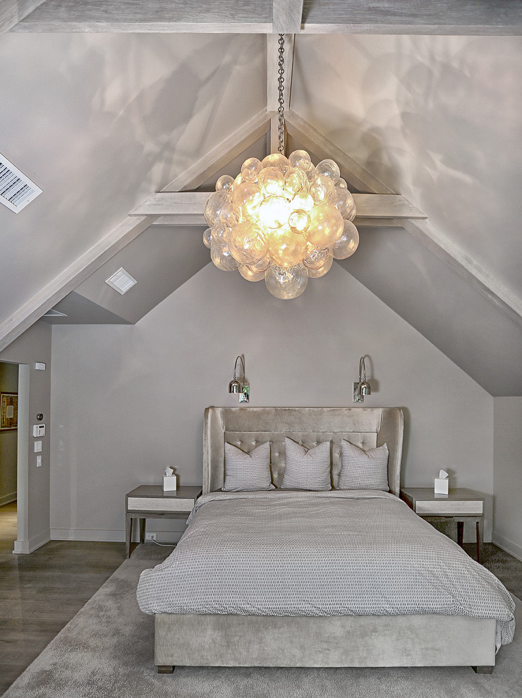 Bedroom - large modern master light wood floor and gray floor bedroom idea in New York with gray walls