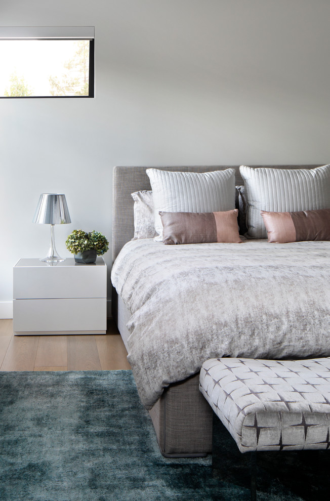 Bedroom - contemporary guest light wood floor bedroom idea in San Francisco with gray walls